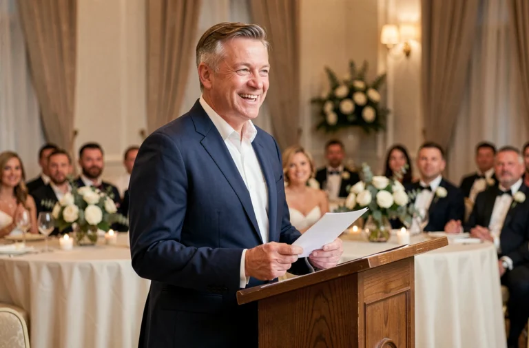Père ému prononçant un discours lors du mariage de son fils dans une salle de réception décorée