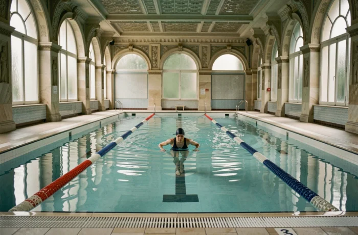 Piscine de la Butte aux Cailles presque vide avec une nageuse solitaire en pleine brasse dans un couloir calme, architecture historique parisienne en carrelage blanc
