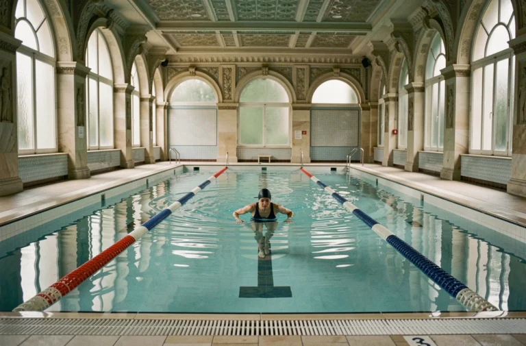 Piscine de la Butte aux Cailles presque vide avec une nageuse solitaire en pleine brasse dans un couloir calme, architecture historique parisienne en carrelage blanc