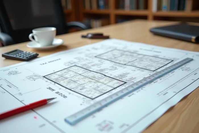 Plan cadastral avec règle et calculatrice sur un bureau pour calculer la surface réelle d'un bien immobilier aux impôts