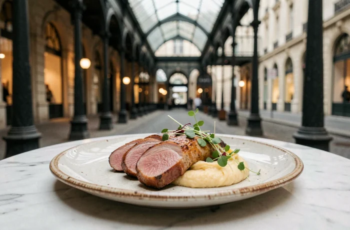 Assiette gastronomique française servie dans un restaurant de la Galerie Vivienne à Paris