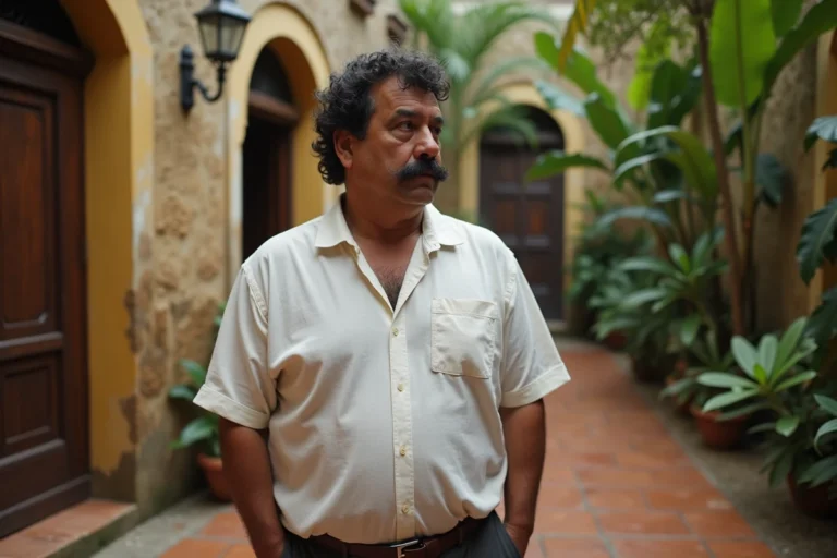 Portrait d'un homme colombien d'âge mûr à l'allure imposante dans une cour tropicale, évoquant l'univers de Pablo Escobar