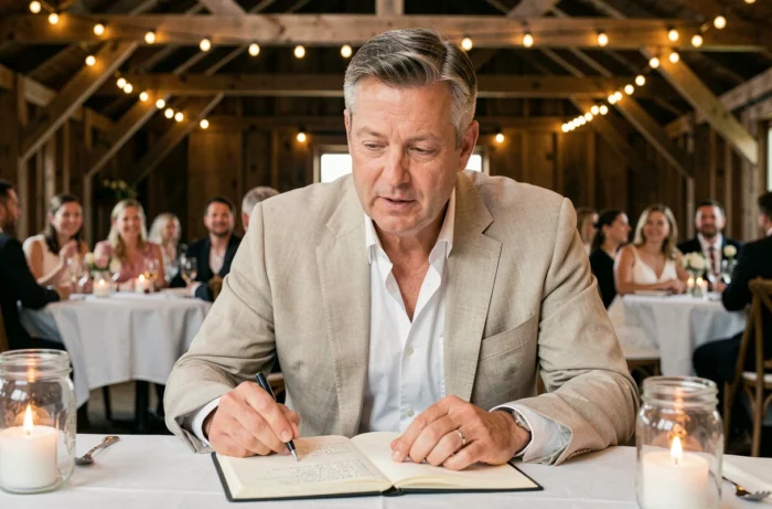 Père relisant ses notes pour un discours de mariage dans une grange rustique décorée