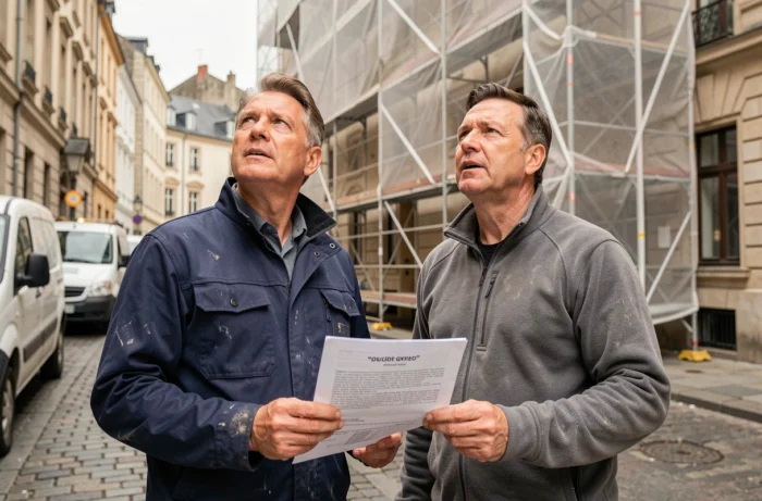 Deux professionnels du bâtiment en discussion devant un échafaudage multi-niveaux avec filet de sécurité blanc lors d'une rénovation urbaine