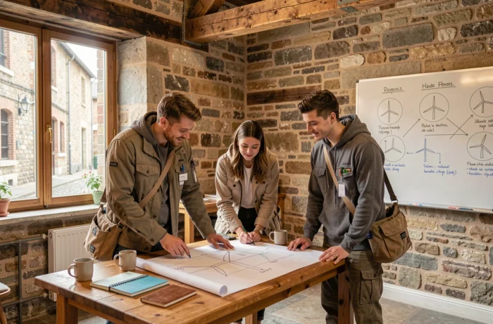 Équipe de jeunes professionnels travaillant sur un projet d'énergie renouvelable dans un espace collaboratif à Rennes, Bretagne