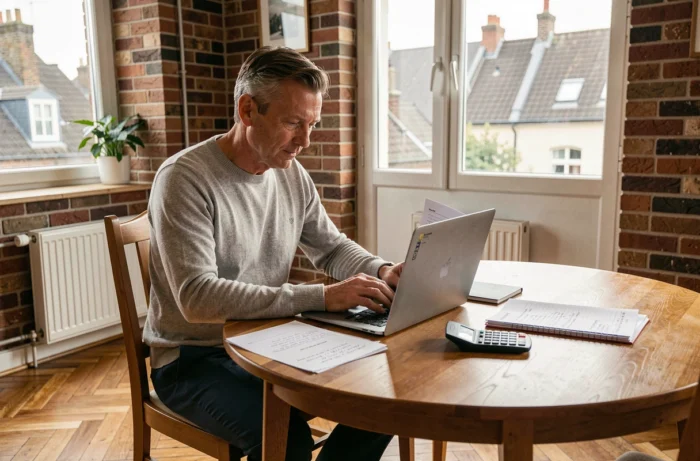 Propriétaire bailleur analysant la rentabilité locative de son appartement sur un ordinateur portable à l'intérieur d'un bien meublé