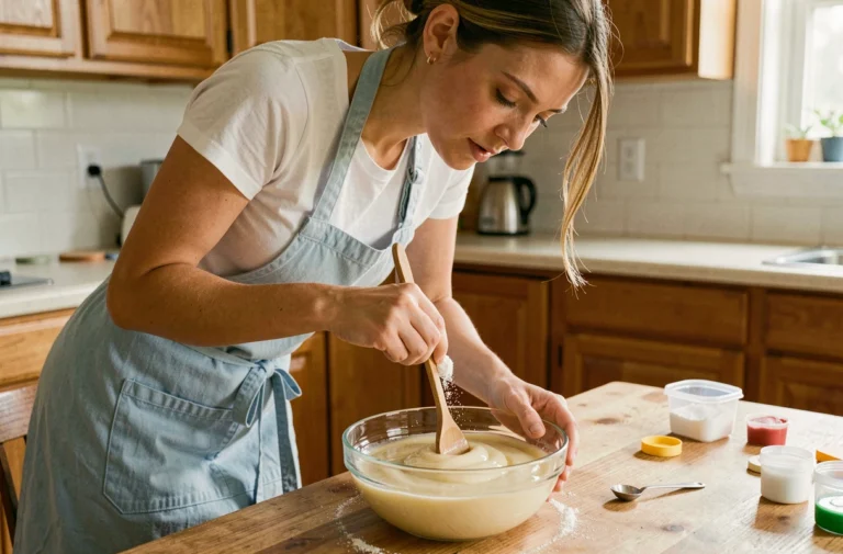 Femme ajoutant de la maïzena dans un bol de slime trop liquide dans une cuisine en bois