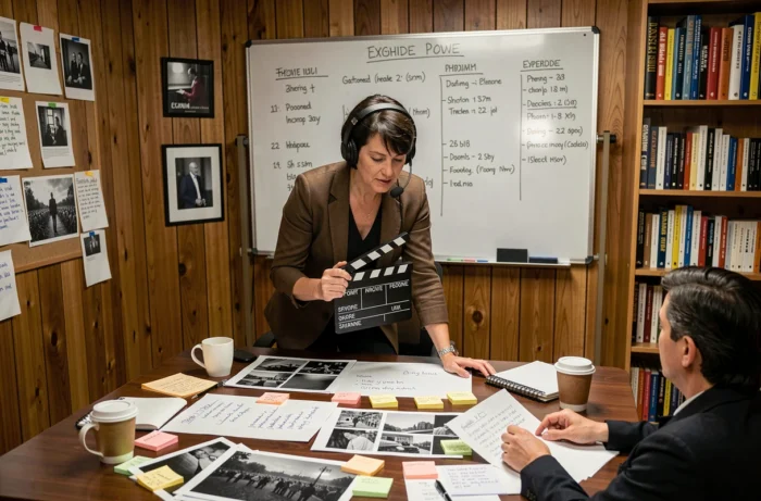 Réalisatrice travaillant sur les storyboards et scripts d'une production cinématographique dans un bureau de création