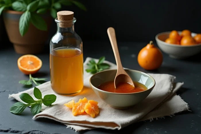 Messa in scena culinaria con succo di sudachi, salsa ponzu e foglie di shiso su ardesia scura