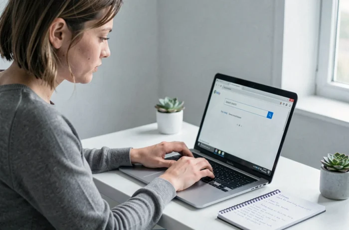 Femme recherchant un profil en tapant une adresse e-mail dans un moteur de recherche sur son ordinateur portable