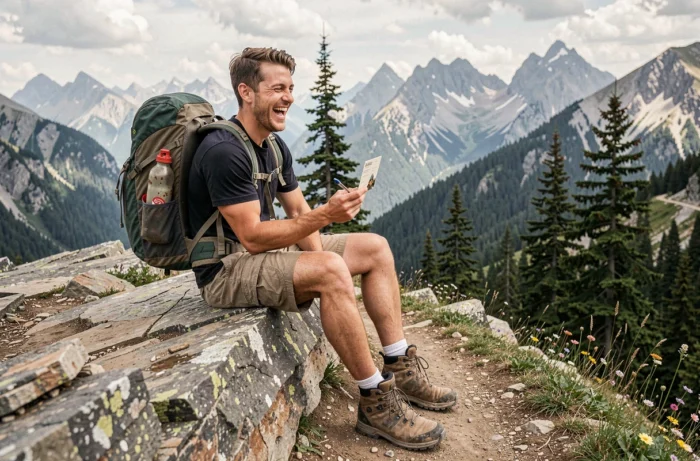 Jeune randonneur riant sur un sentier de montagne en tenant une carte postale froissée, évoquant un récit d'aventure pour un ami proche