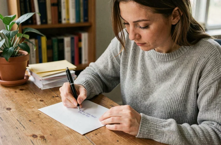 Femme rédigeant une adresse postale à la main sur une enveloppe blanche, incluant un numéro d'appartement