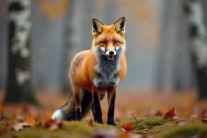 Renard roux dans une forêt automnale brumeux en train de glapir, fourrure détaillée et posture alerte
