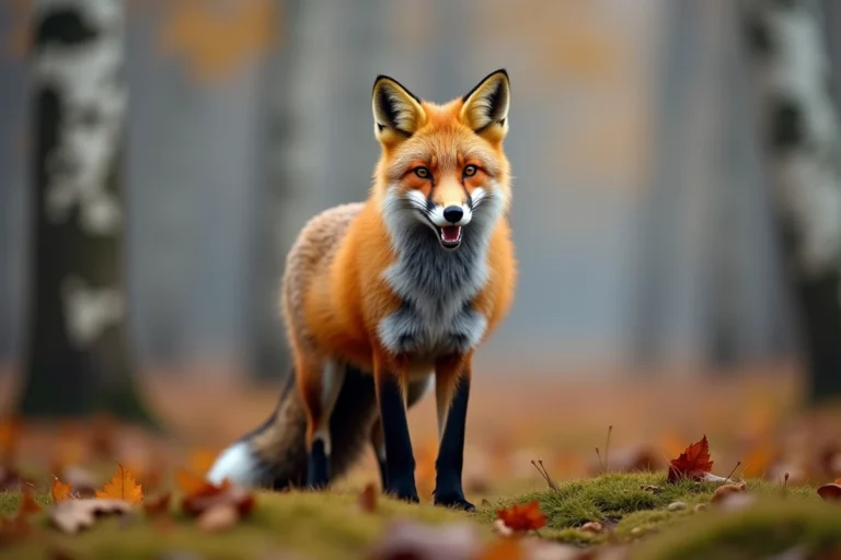 Renard roux dans une forêt automnale brumeux en train de glapir, fourrure détaillée et posture alerte