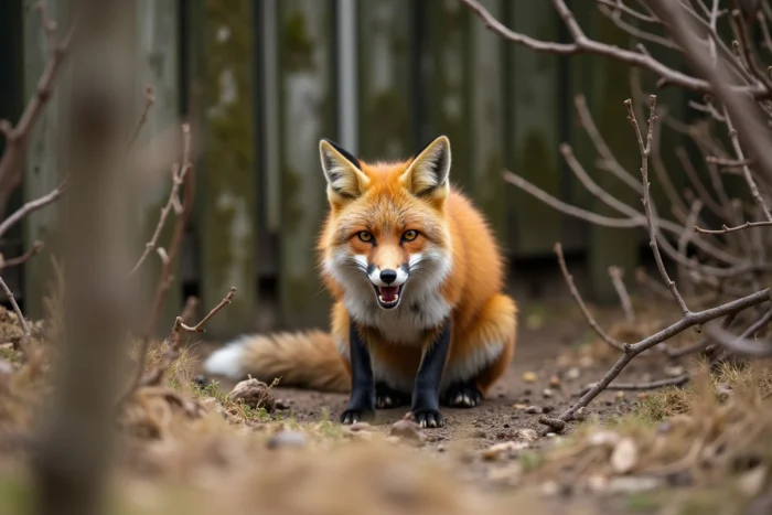 Renard en sanctuaire animalier vocalisant dans un enclos naturalisé, portrait éditorial réaliste