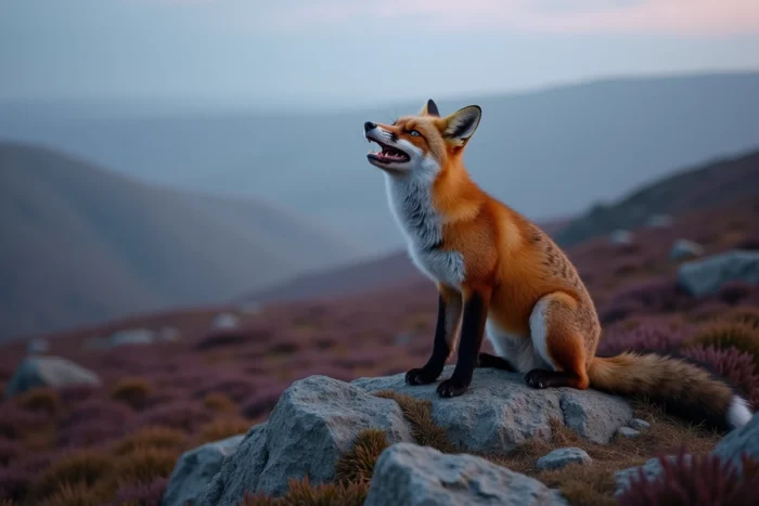 Renard sauvage sur une lande rocheuse poussant un glapissement au crépuscule, paysage naturel dramatique