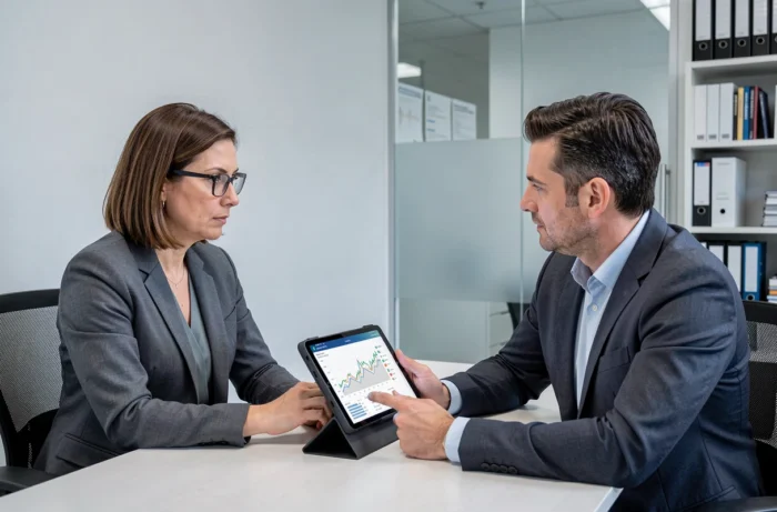 Femme consultant un conseiller financier pour simuler un crédit immobilier dans un bureau professionnel