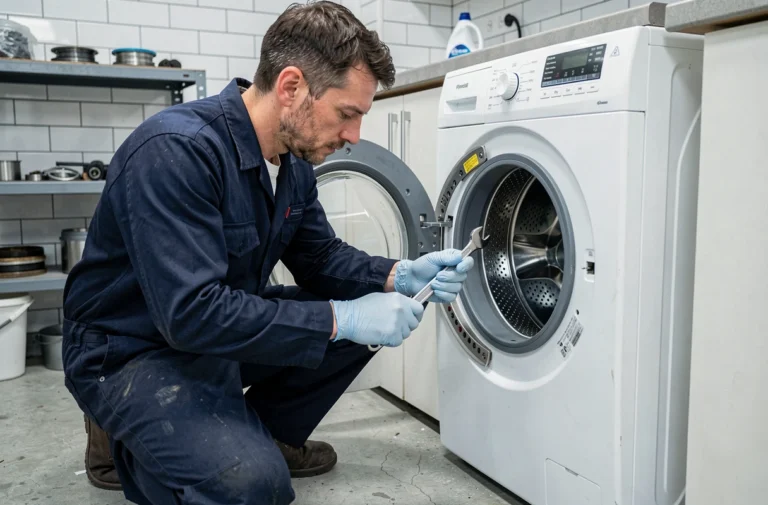 Technicien réparant le tambour d'une machine à laver ouverte dans une buanderie
