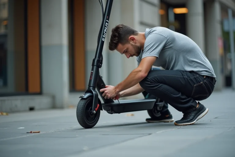 Homme réparant une trottinette Urban Glide 140 sur un trottoir urbain avec un tournevis