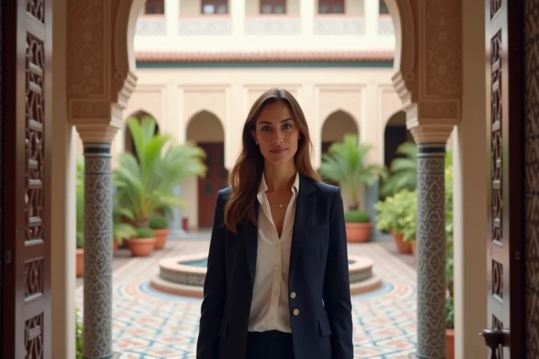 Agente immobilière présentant un riad clé en main rénové à Marrakech avec carrelage zellige et patio traditionnel