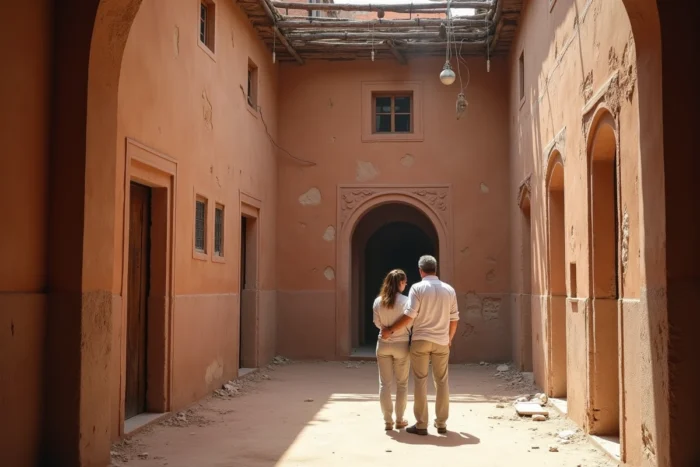 Couple européen visitant un riad à rénover dans la médina de Marrakech avec murs en pisé et boiseries anciennes