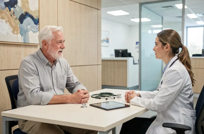 Senior expatrié en consultation médicale dans une clinique internationale moderne