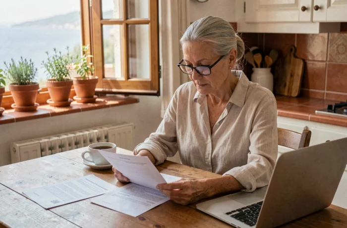 Senior expatriée consultant des documents d'assurance santé internationale dans une cuisine méditerranéenne