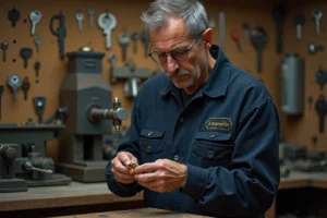 Serrurier professionnel examinant une clé en laiton usée dans un atelier de reproduction de clés à Thorigné-Fouillard