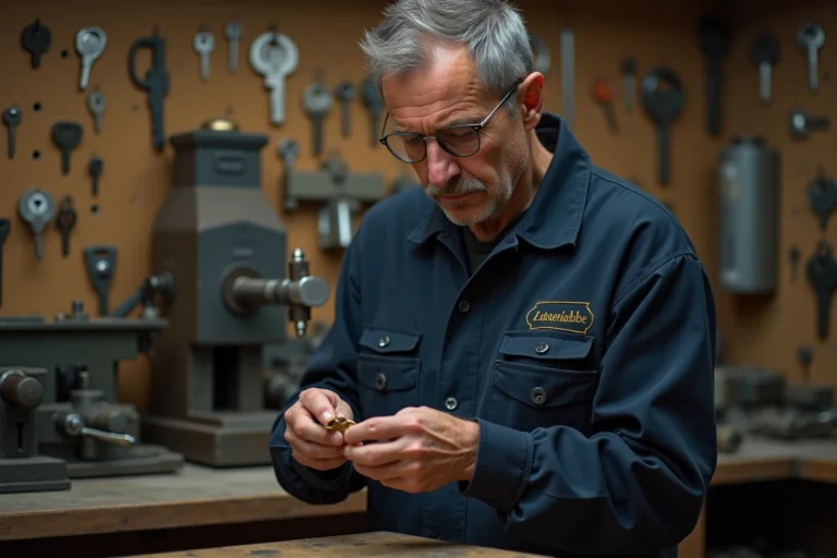Serrurier professionnel examinant une clé en laiton usée dans un atelier de reproduction de clés à Thorigné-Fouillard