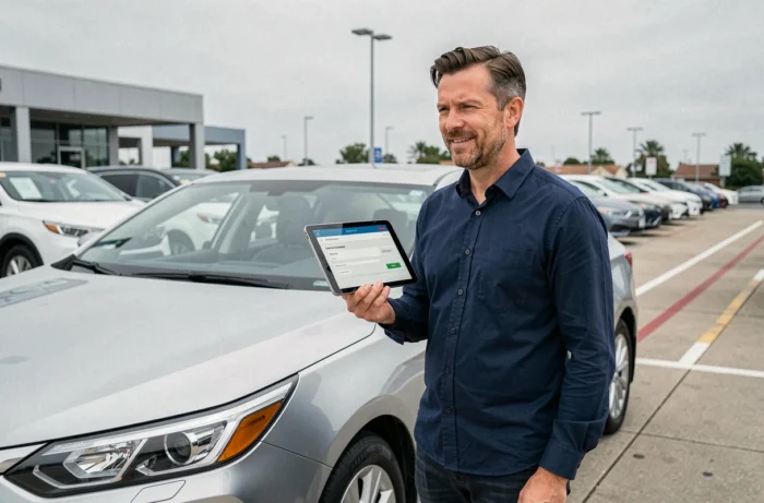 Homme consultant un simulateur de taux de crédit auto sur tablette devant une voiture