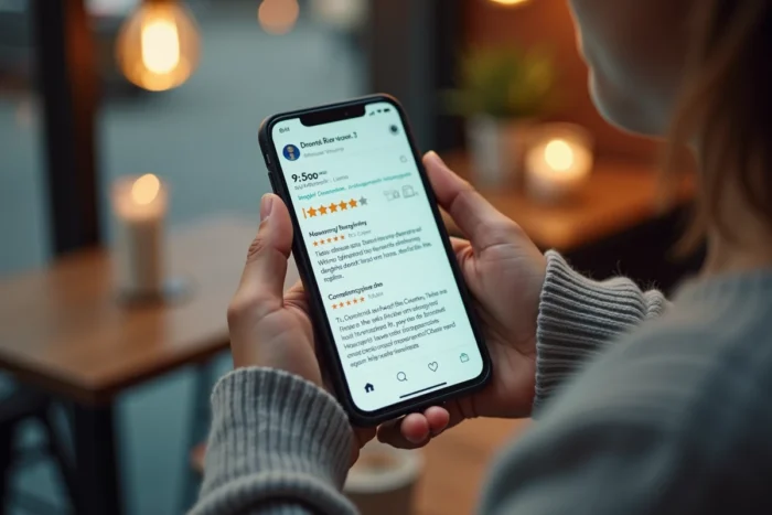 Gros plan sur un smartphone affichant des avis négatifs sur un cabinet dentaire The Smilist dans un café
