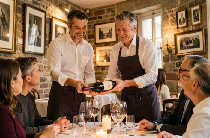 Sommelier présentant une bouteille de vin à des clients dans un restaurant de la Galerie Vivienne