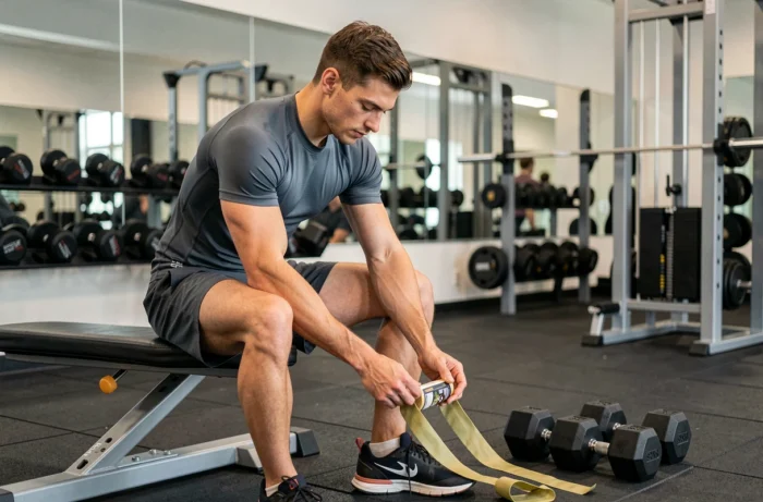 Young athlete in a gym examining resistance bands and accessories to optimize his training
