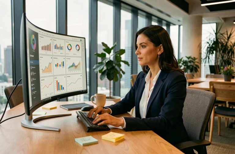 Femme professionnelle analysant une stratégie de présence digitale sur un écran dans un bureau moderne
