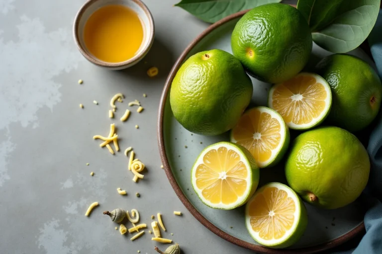 Sudachi japonais frais coupés en deux sur une surface en pierre avec un bol de jus pressé, vue de dessus