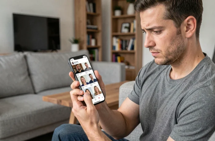Homme remarquant l'apparition de nouvelles photos de profil soigneusement calibrées sur un réseau social