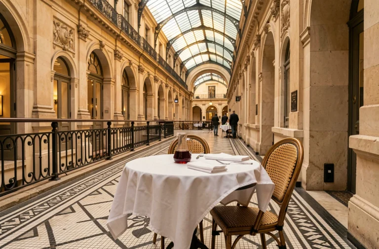 Table dressée dans la Galerie Vivienne à Paris avec son sol en mosaïque et sa verrière historique