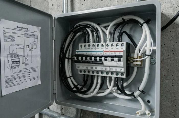Tableau électrique domestique ouvert montrant le câblage avec fils noirs et blancs sur disjoncteurs