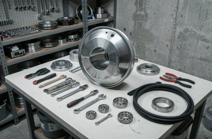 Tambour de machine à laver démonté sur un établi avec outils et pièces de rechange