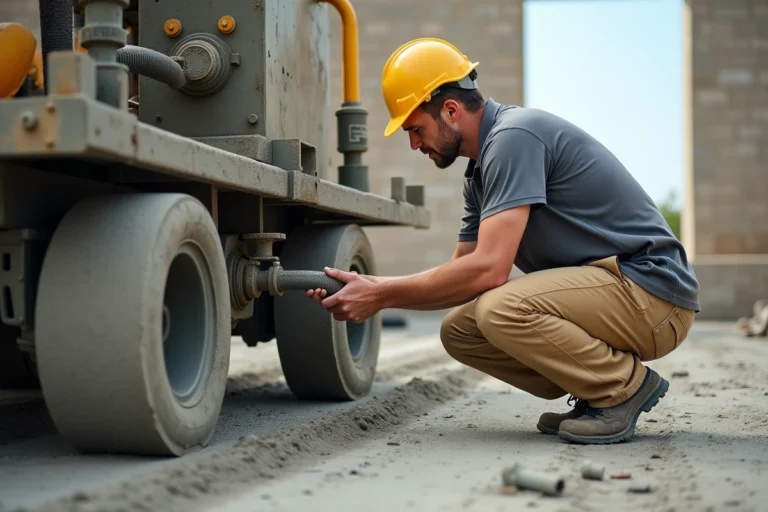 Technicien inspectant une pompe à chape sur un chantier de construction près de Nîmes