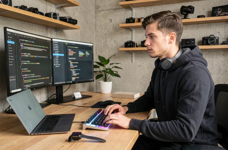 Jeune homme geek travaillant sur un bureau high-tech minimaliste avec laptop ultrabook, smartwatch et clavier mécanique RGB dans un home office moderne