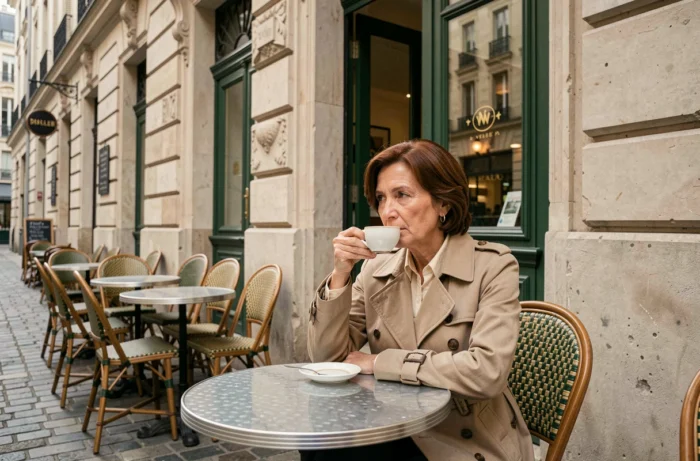 Femme dégustant un espresso en terrasse à l'entrée de la Galerie Vivienne à Paris