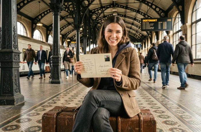 Femme espiègle assise sur une valise vintage en gare tenant une carte postale écrite à l'envers sur la face illustrée, illustrant un texte décalé qui détourne les codes de la carte postale