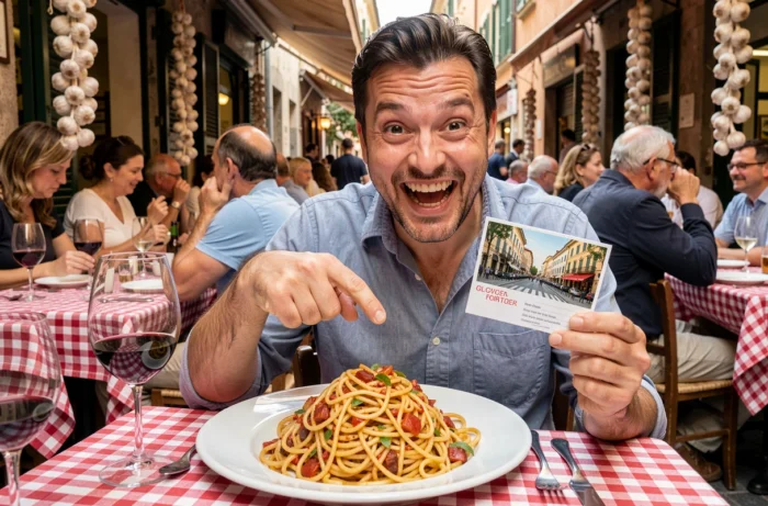 Homme hilare dans une trattoria italienne pointant une assiette de pâtes géante en tenant une carte postale, illustrant un texte humoristique sur la nourriture locale