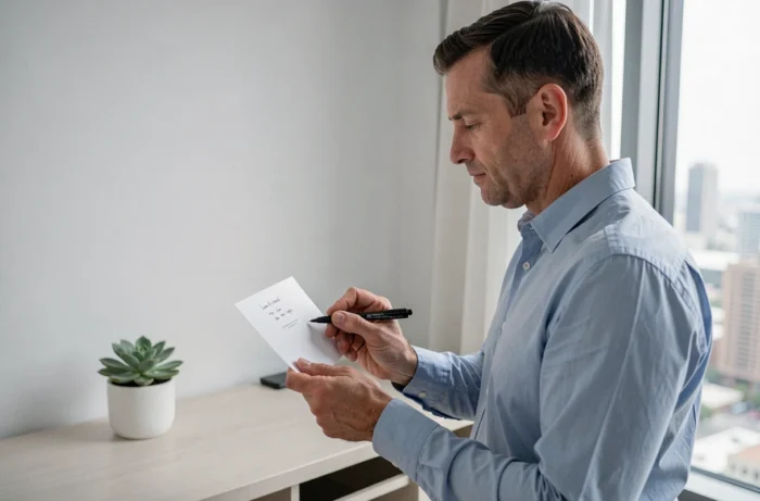 Homme écrivant quelques mots sobres sur une carte postale blanche dans une chambre d'hôtel minimaliste, illustrant un message simple pour une connaissance
