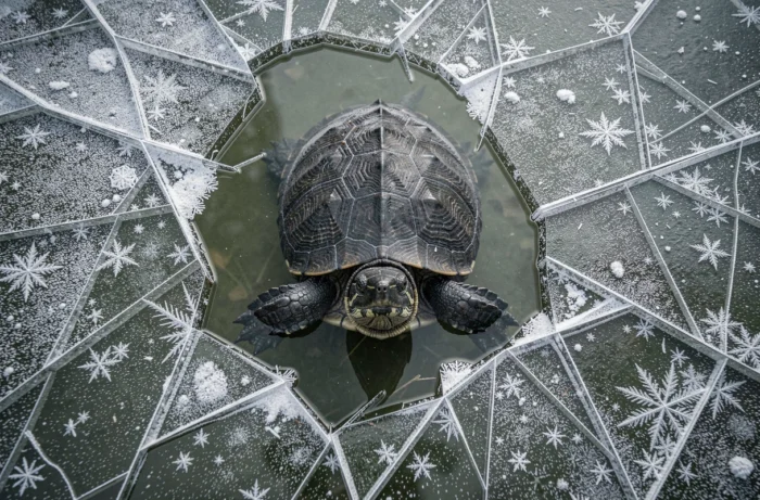 Tortue serpentine en hibernation sous la glace d'un étang en hiver, illustrant la survie grâce à la respiration anale ou cloacale