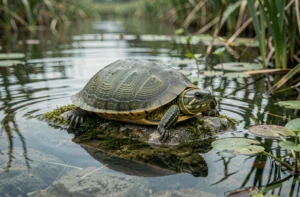 Tortue peinte reposant sur un rocher moussu dans un étang d'eau douce, illustrant la respiration cloacale des tortues en hibernation