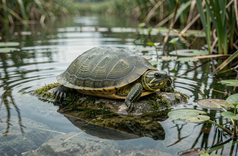 Tortue peinte reposant sur un rocher moussu dans un étang d'eau douce, illustrant la respiration cloacale des tortues en hibernation