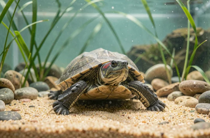 Tortue à tempes rouges immergée dans un aquarium, démontrant sa capacité à rester sous l'eau grâce à la respiration par le cloaque