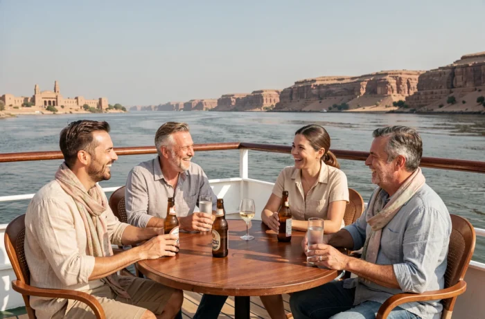 Groupe de touristes savourant des boissons en terrasse sur un bateau de croisière sur le Nil